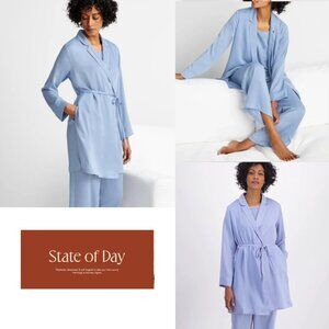 State of Day Crepe de Chine Robe Notched Collar Self-Tie Eventide Blue NWT